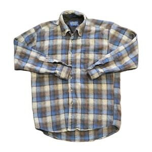 Pendleton Wool Shirt Fireside‎ M Brown Blue Plaid 100% Vintage 1981 Pattern